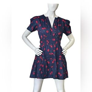 Cherry-core Girl Soul Puff Sleeve Navy Cherry Print Dress (M)
